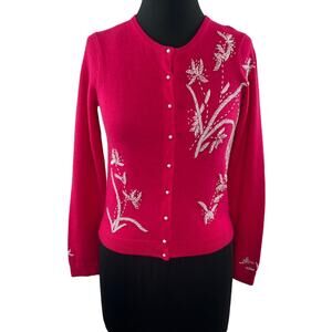 WHITE+WARREN Pink White Wool Cardigan Sweater Floral Beaded Button Size Small S